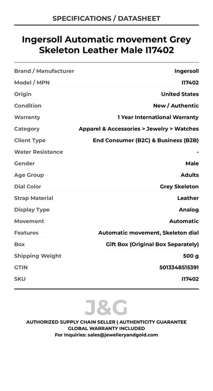 Ingersoll Automatic movement Grey Skeleton Leather Male I17402 - Specifications