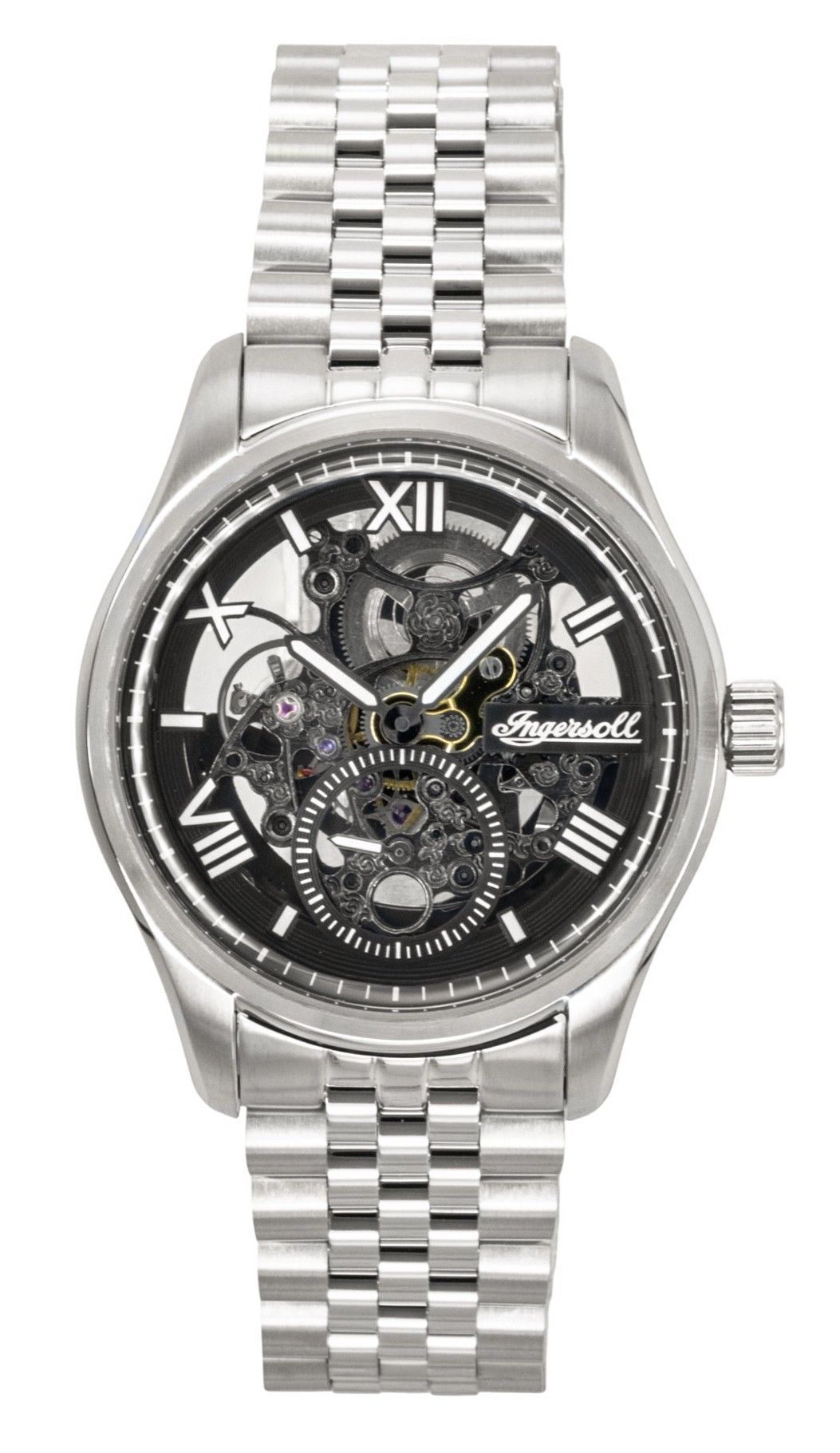 Ingersoll Automatic movement Black Skeleton Stainless steel Male I17403. A brand-new Ingersoll watch featuring a Black Skeleton dial and a Stainless steel strap. Front view.