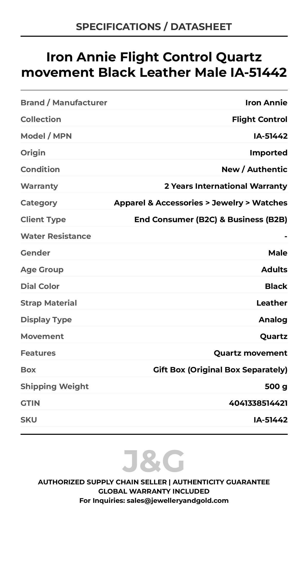 Iron Annie Flight Control Quartz movement Black Leather Male IA-51442 - Specifications