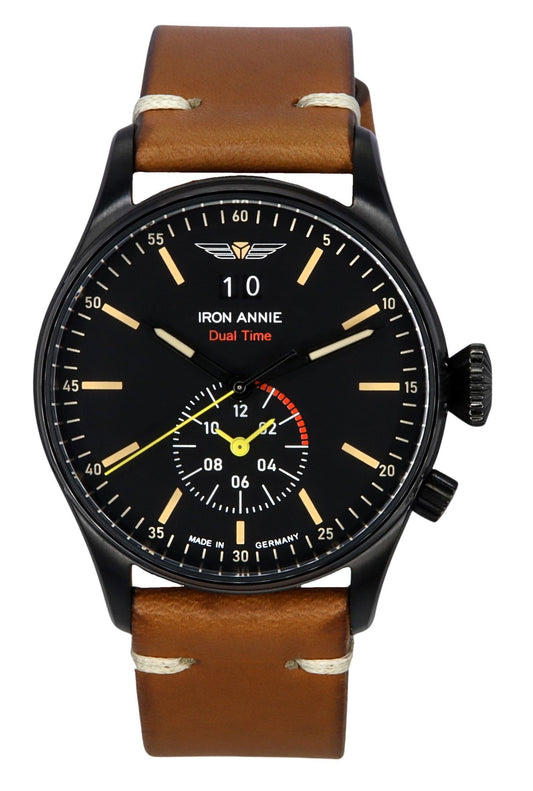 Iron Annie Flight Control Quartz movement Black Leather Male IA-51442. A brand-new Iron Annie Flight Control watch featuring a Black dial and a Leather strap. Angled view.