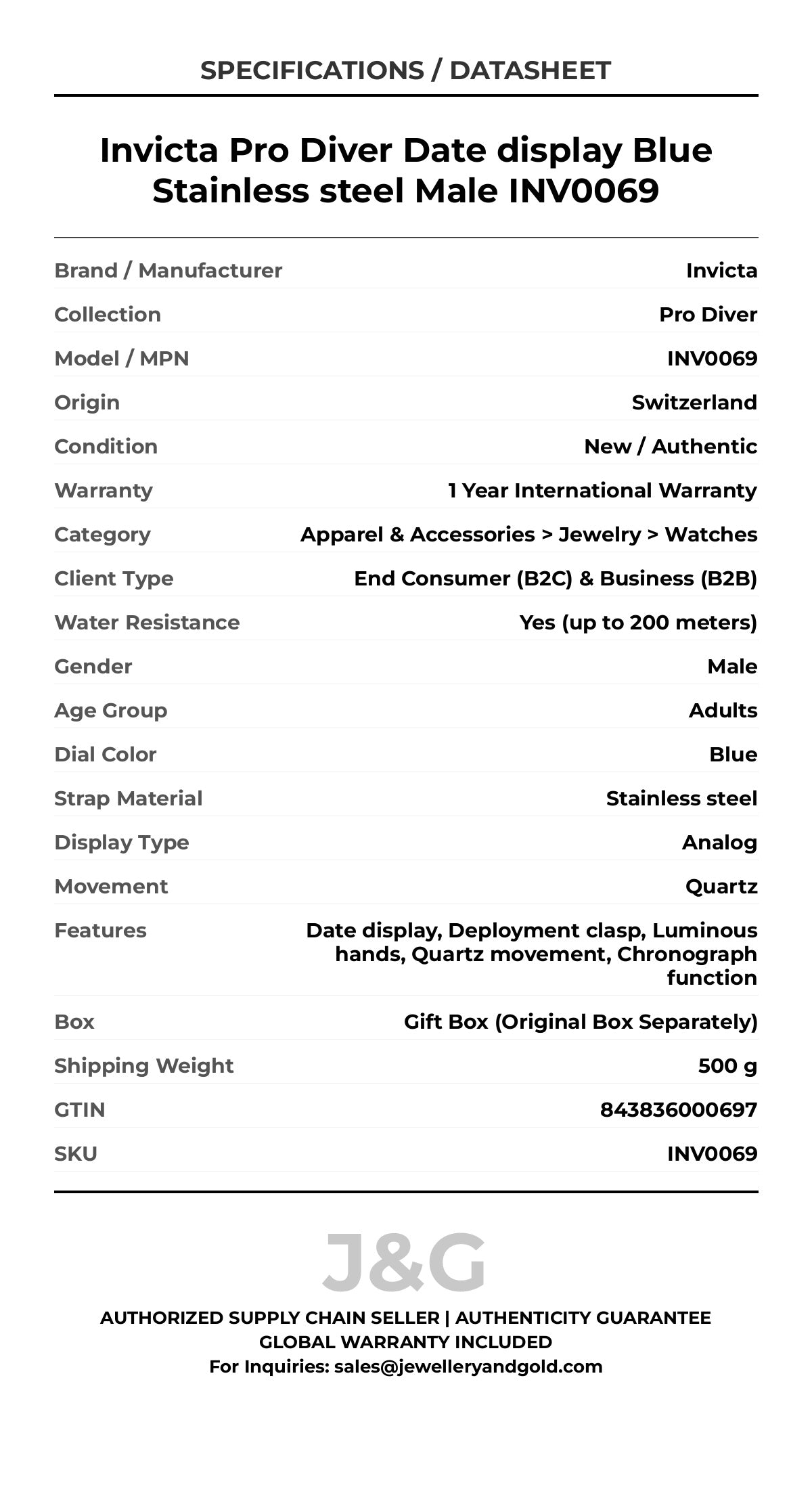 Invicta Pro Diver Date display Blue Stainless steel Male INV0069 - Specifications