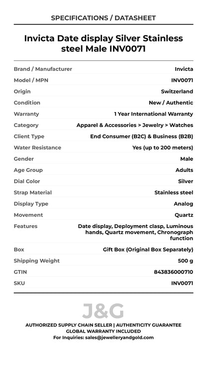 Invicta Date display Silver Stainless steel Male INV0071 - Specifications