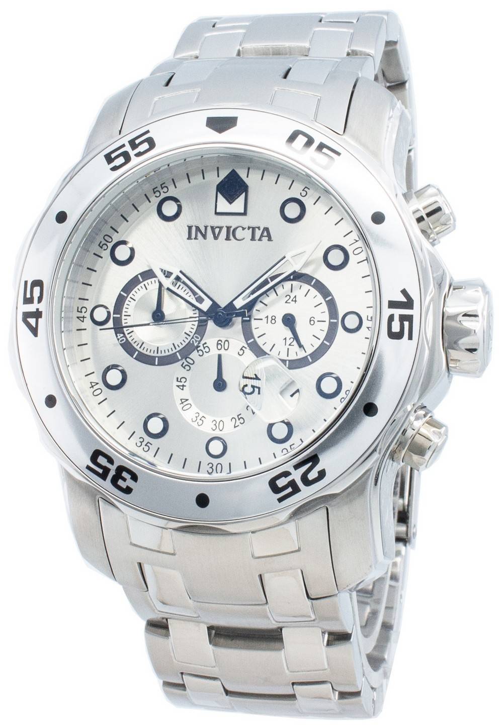 Invicta Date display Silver Stainless steel Male INV0071. A brand-new Invicta watch featuring a Silver dial and a Stainless steel strap. Angled view.