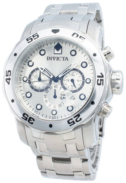 Invicta Date display Silver Stainless steel Male INV0071. A brand-new Invicta watch featuring a Silver dial and a Stainless steel strap. Angled view.