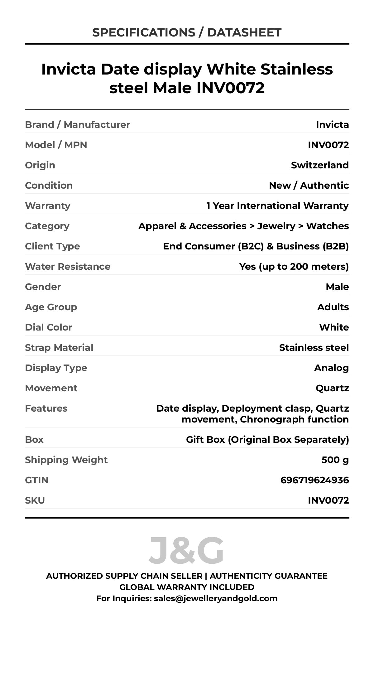 Invicta Date display White Stainless steel Male INV0072 - Specifications