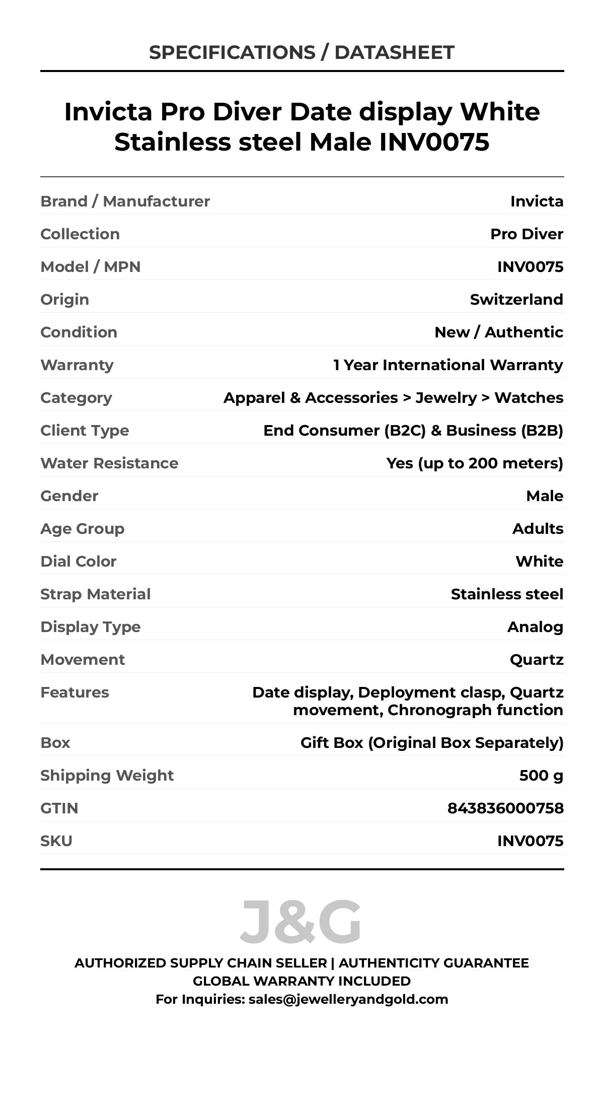 Invicta Pro Diver Date display White Stainless steel Male INV0075 - Specifications
