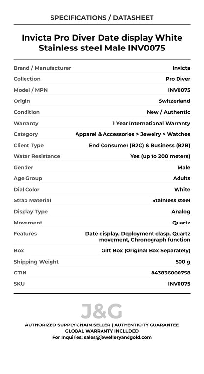 Invicta Pro Diver Date display White Stainless steel Male INV0075 - Specifications