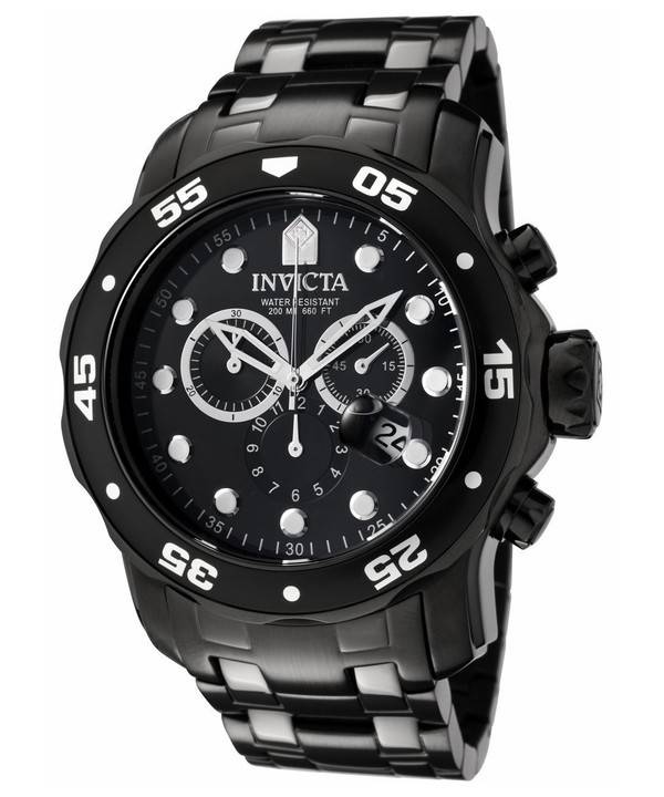 Invicta Pro Diver Date display Black Stainless steel Male INV0076. A brand-new Invicta Pro Diver watch featuring a Black dial and a Stainless steel strap. Side view.