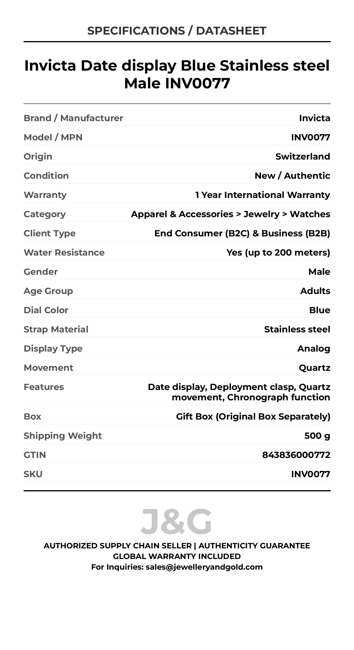 Invicta Date display Blue Stainless steel Male INV0077 - Specifications