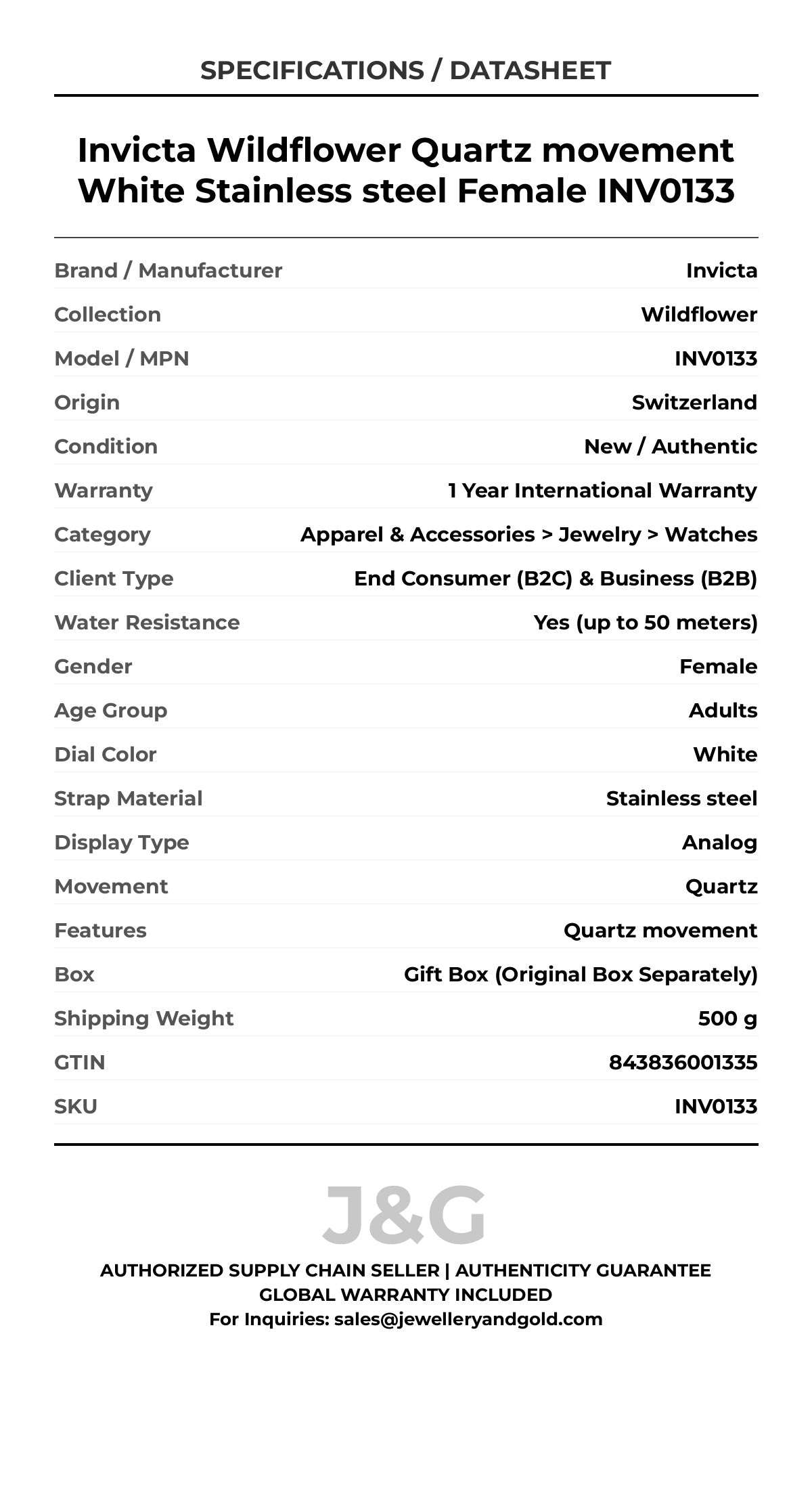 Invicta Wildflower Quartz movement White Stainless steel Female INV0133 - Specifications