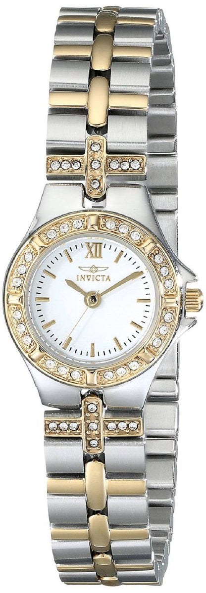 Invicta Wildflower Quartz movement White Stainless steel Female INV0133. A brand-new Invicta Wildflower watch featuring a White dial and a Stainless steel strap. Front view.