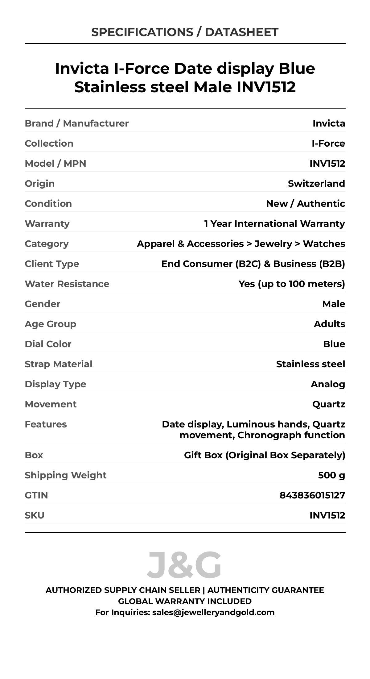 Invicta I-Force Date display Blue Stainless steel Male INV1512 - Specifications