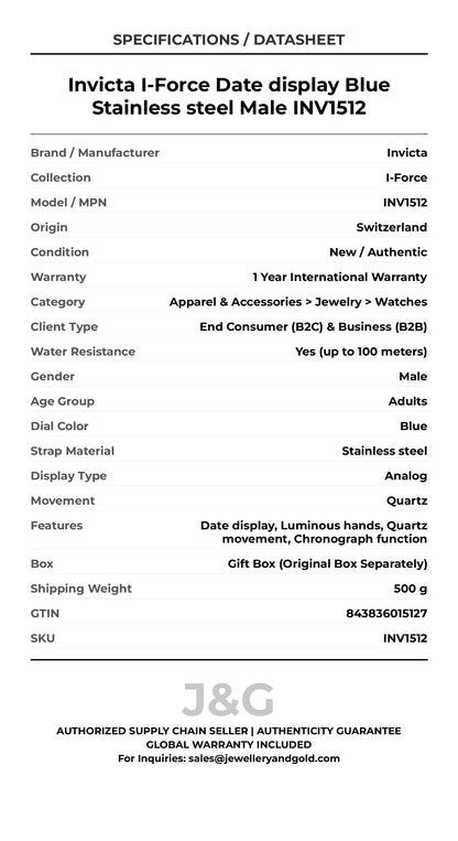 Invicta I-Force Date display Blue Stainless steel Male INV1512 - Specifications