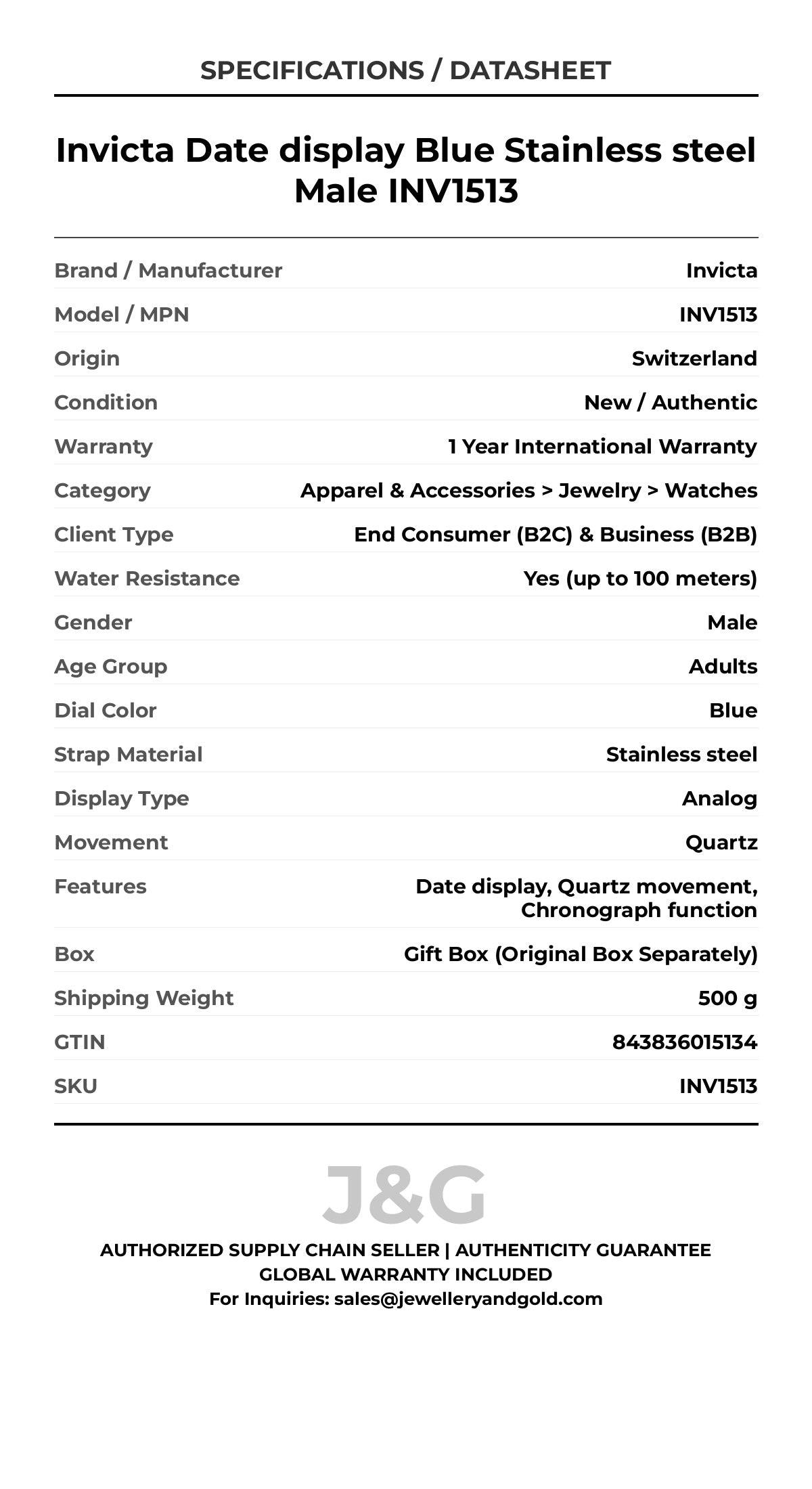 Invicta Date display Blue Stainless steel Male INV1513 - Specifications