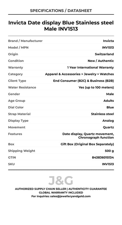 Invicta Date display Blue Stainless steel Male INV1513 - Specifications