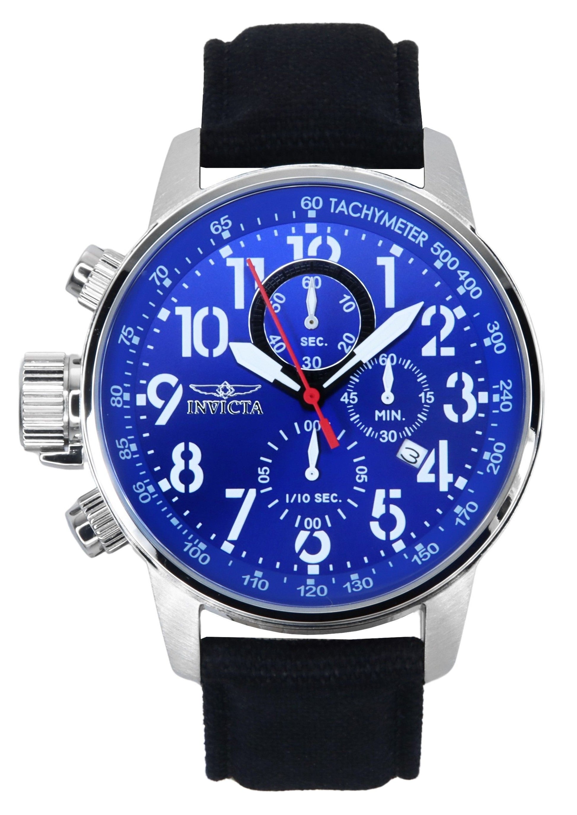 Invicta Date display Blue Stainless steel Male INV1513. A brand-new Invicta watch featuring a Blue dial and a Stainless steel strap. Angled view.