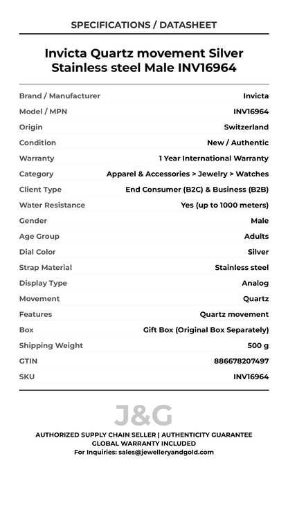 Invicta Quartz movement Silver Stainless steel Male INV16964 - Specifications