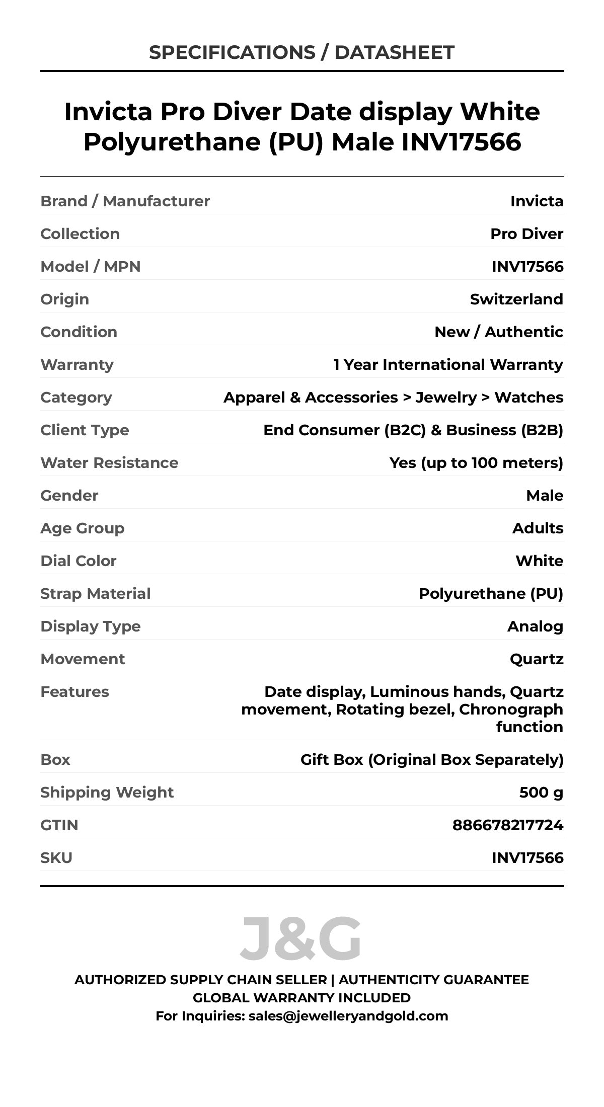 Invicta Pro Diver Date display White Polyurethane (PU) Male INV17566 - Specifications