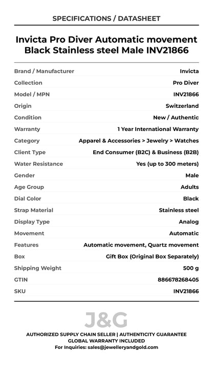 Invicta Pro Diver Automatic movement Black Stainless steel Male INV21866 - Specifications