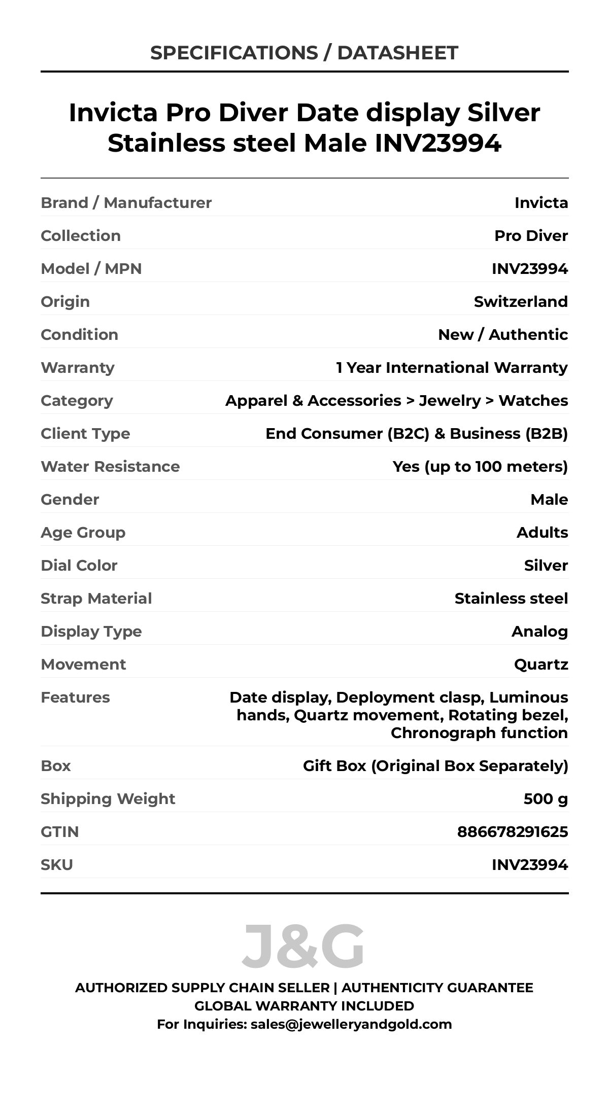 Invicta Pro Diver Date display Silver Stainless steel Male INV23994 - Specifications