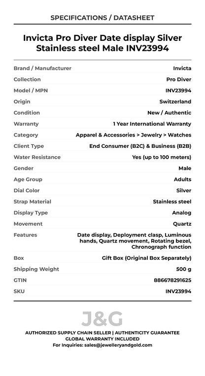 Invicta Pro Diver Date display Silver Stainless steel Male INV23994 - Specifications