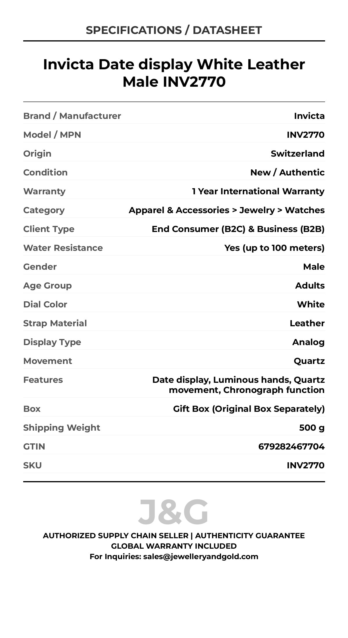 Invicta Date display White Leather Male INV2770 - Specifications