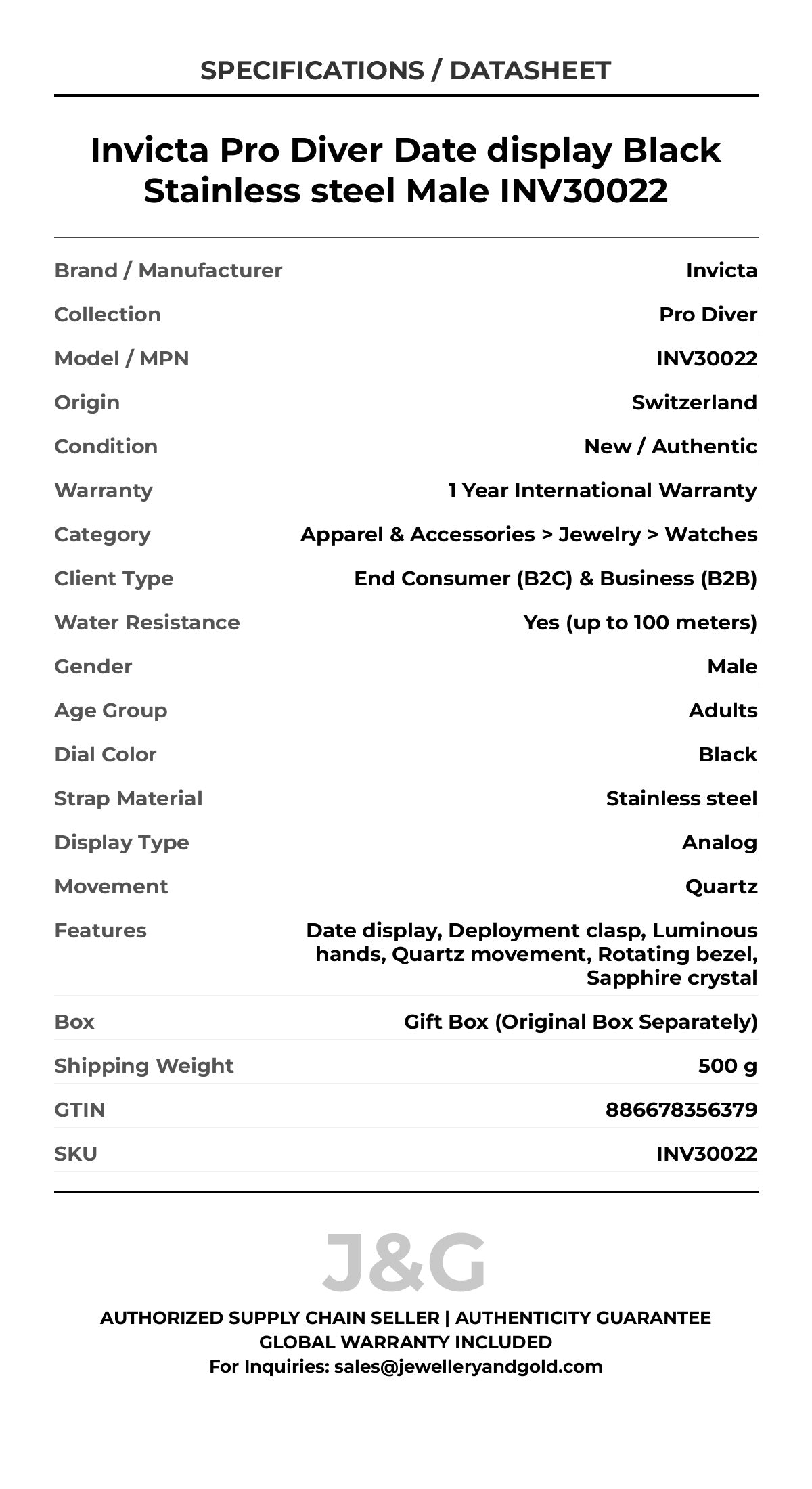 Invicta Pro Diver Date display Black Stainless steel Male INV30022 - Specifications