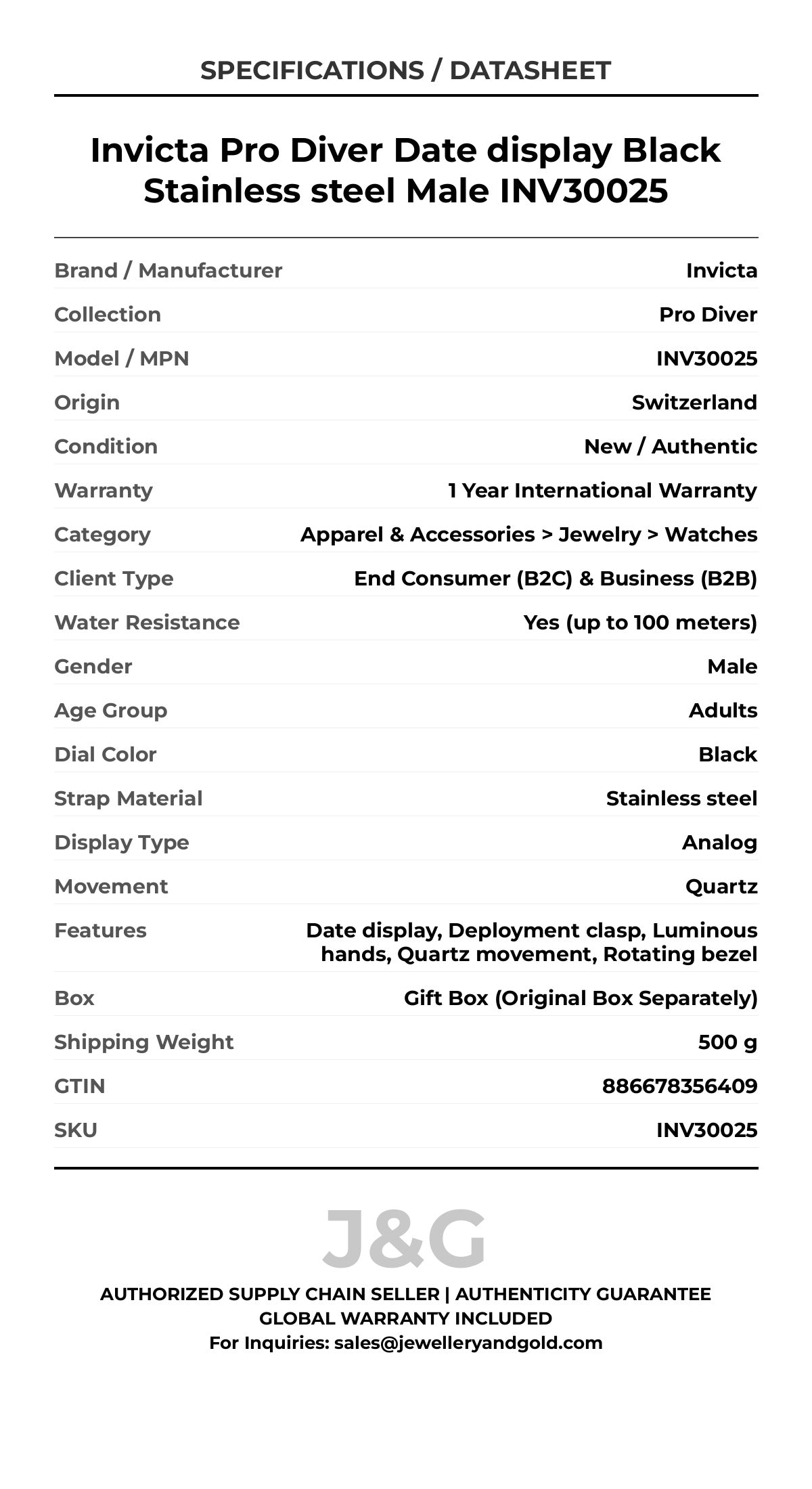 Invicta Pro Diver Date display Black Stainless steel Male INV30025 - Specifications