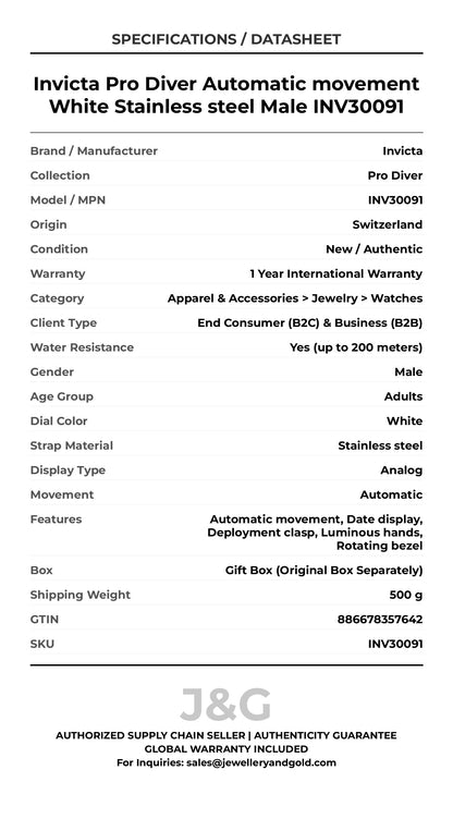 Invicta Pro Diver Automatic movement White Stainless steel Male INV30091 - Specifications