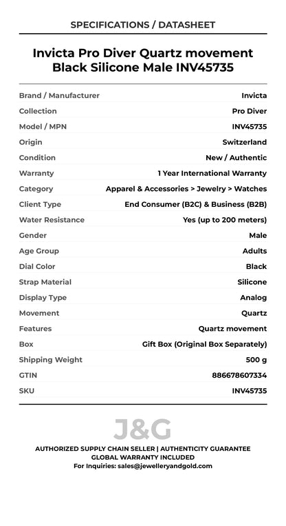 Invicta Pro Diver Quartz movement Black Silicone Male INV45735 - Specifications