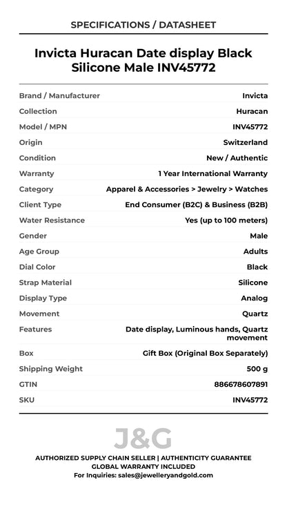 Invicta Huracan Date display Black Silicone Male INV45772 - Specifications