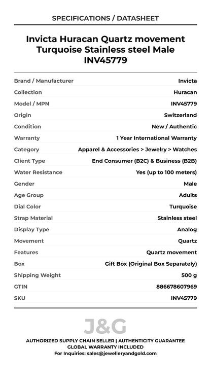 Invicta Huracan Quartz movement Turquoise Stainless steel Male INV45779 - Specifications