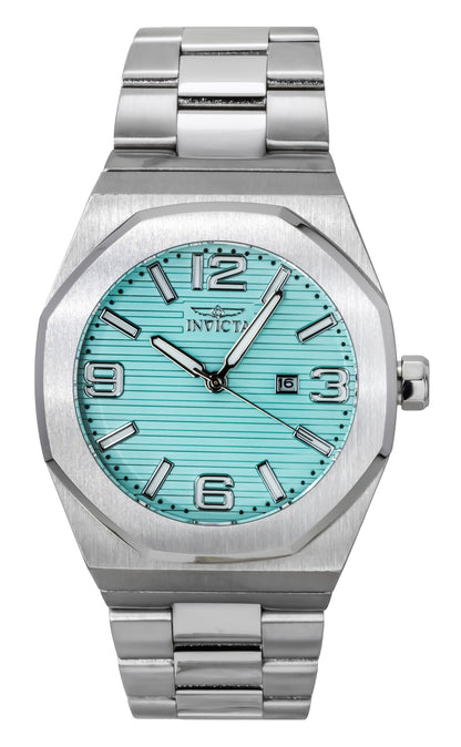 Invicta Huracan Quartz movement Turquoise Stainless steel Male INV45779. A brand-new Invicta Huracan watch featuring a Turquoise dial and a Stainless steel strap. Side view.
