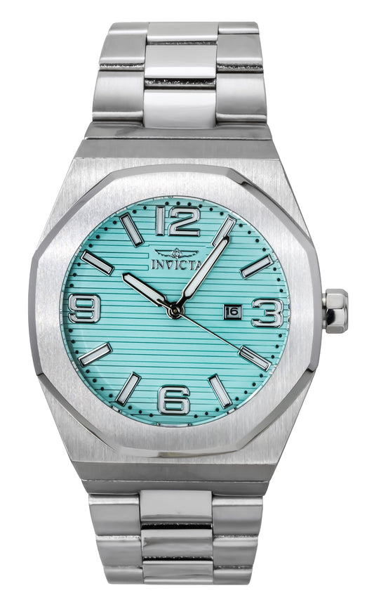 Invicta Huracan Quartz movement Turquoise Stainless steel Male INV45779. A brand-new Invicta Huracan watch featuring a Turquoise dial and a Stainless steel strap. Side view.