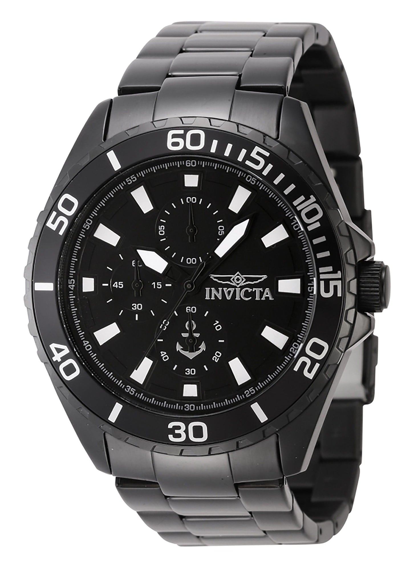 Invicta Ocean Voyage Quartz movement Black Stainless steel Male INV46284. A brand-new Invicta Ocean Voyage watch featuring a Black dial and a Stainless steel strap. Front view.