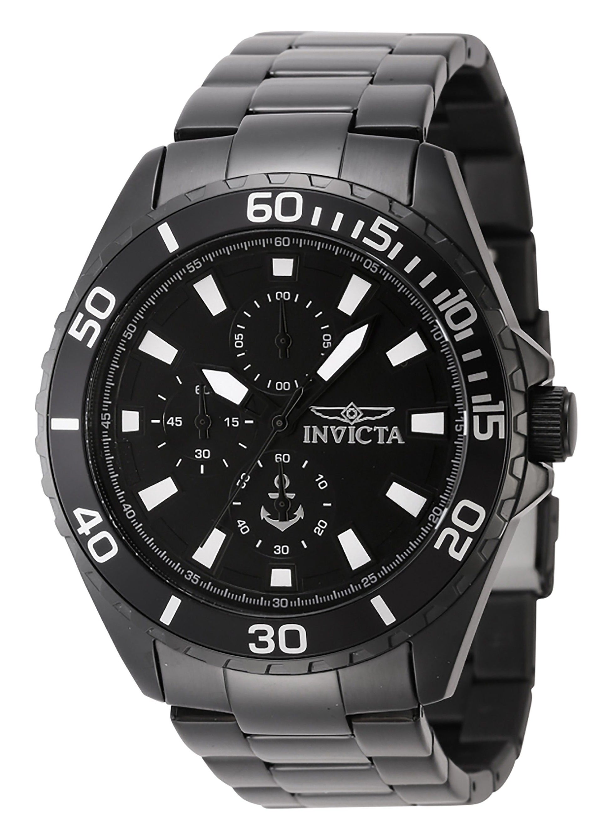 Invicta Ocean Voyage Quartz movement Black Stainless steel Male INV46284. A brand-new Invicta Ocean Voyage watch featuring a Black dial and a Stainless steel strap. Front view.