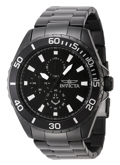 Invicta Ocean Voyage Quartz movement Black Stainless steel Male INV46284. A brand-new Invicta Ocean Voyage watch featuring a Black dial and a Stainless steel strap. Front view.