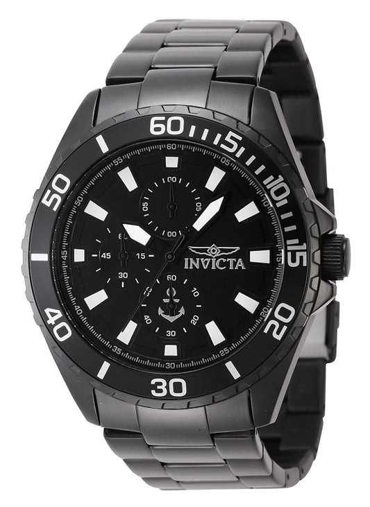 Invicta Ocean Voyage Quartz movement Black Stainless steel Male INV46284. A brand-new Invicta Ocean Voyage watch featuring a Black dial and a Stainless steel strap. Front view.