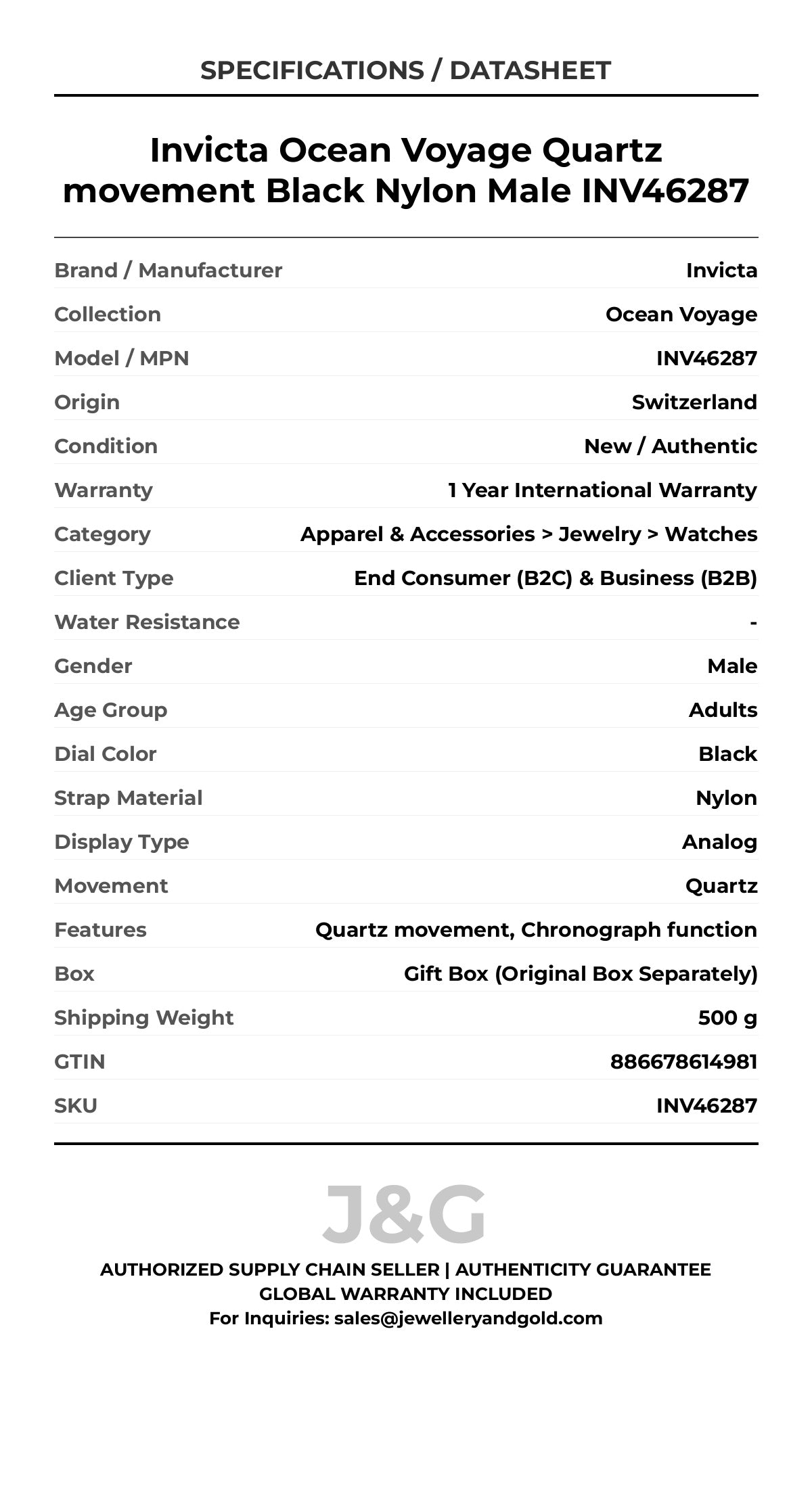 Invicta Ocean Voyage Quartz movement Black Nylon Male INV46287 - Specifications