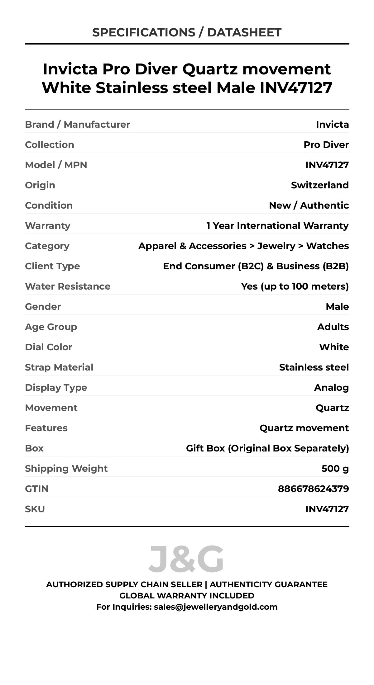 Invicta Pro Diver Quartz movement White Stainless steel Male INV47127 - Specifications
