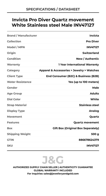 Invicta Pro Diver Quartz movement White Stainless steel Male INV47127 - Specifications