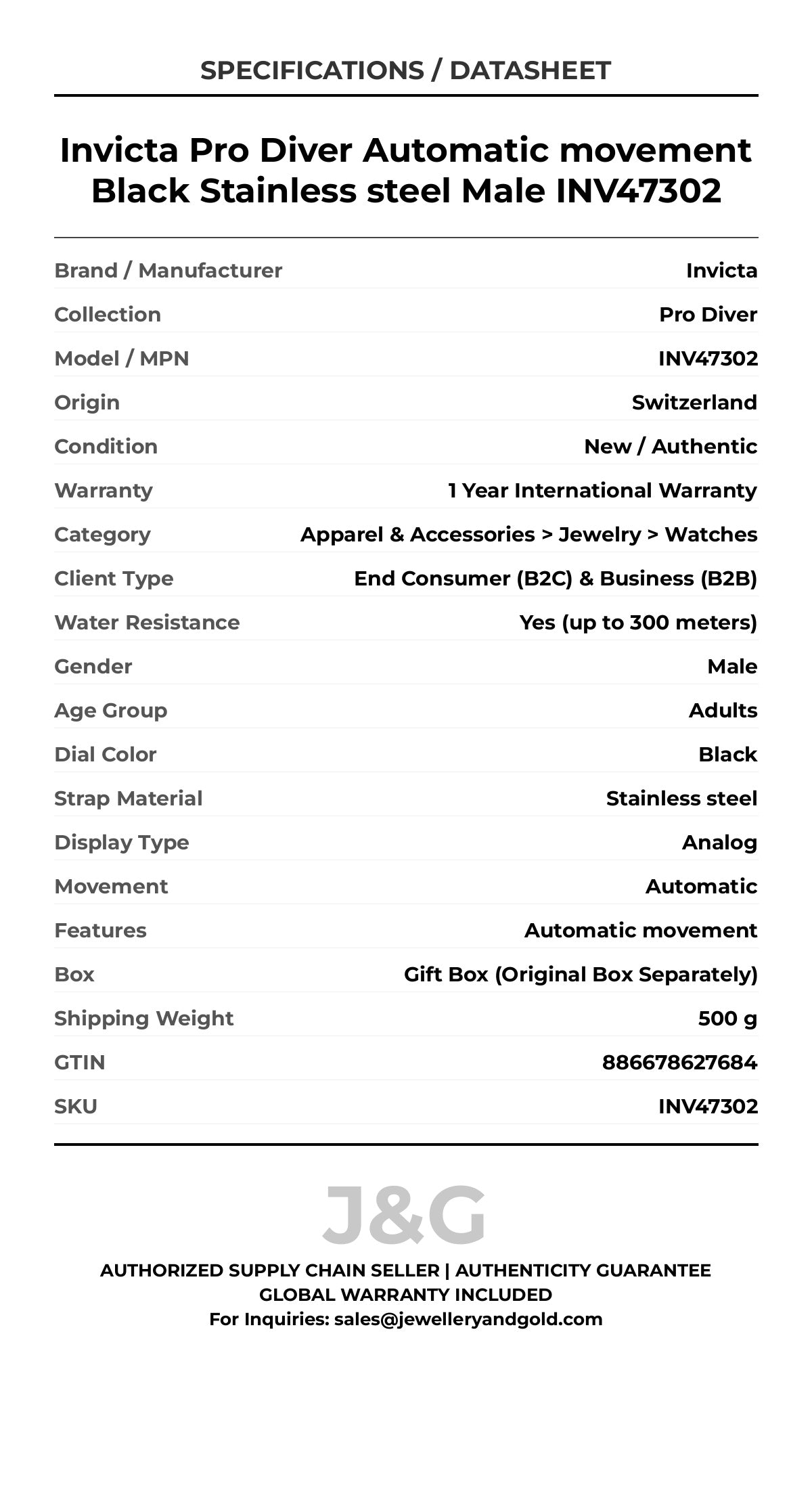 Invicta Pro Diver Automatic movement Black Stainless steel Male INV47302 - Specifications