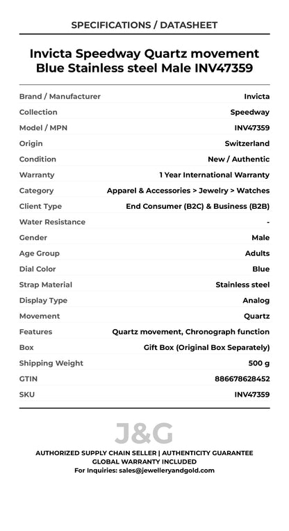 Invicta Speedway Quartz movement Blue Stainless steel Male INV47359 - Specifications