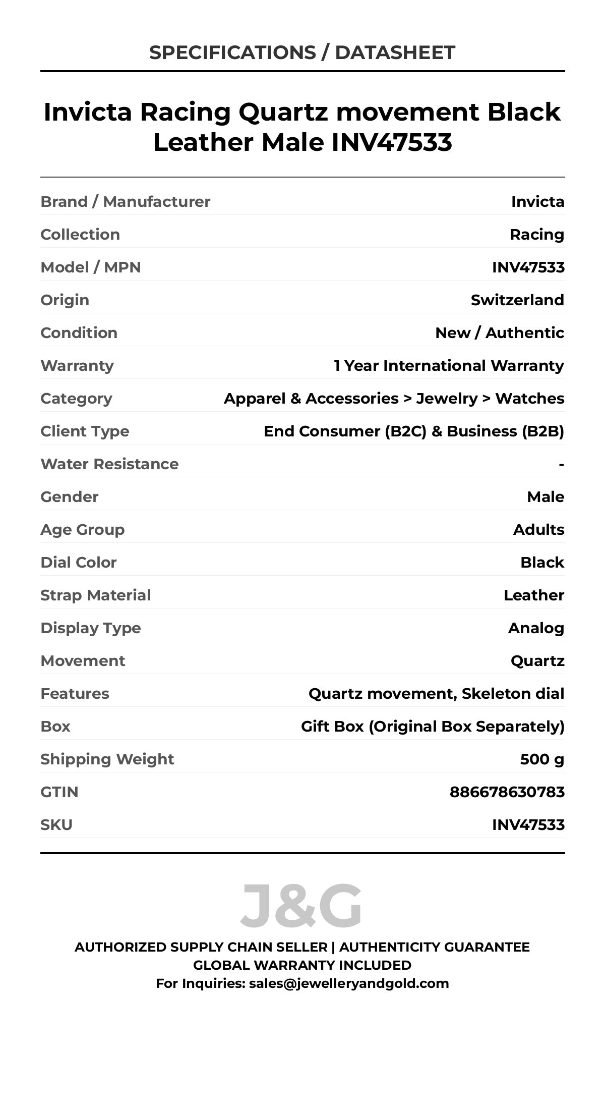 Invicta Racing Quartz movement Black Leather Male INV47533 - Specifications