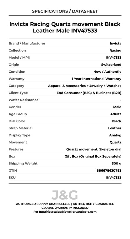Invicta Racing Quartz movement Black Leather Male INV47533 - Specifications