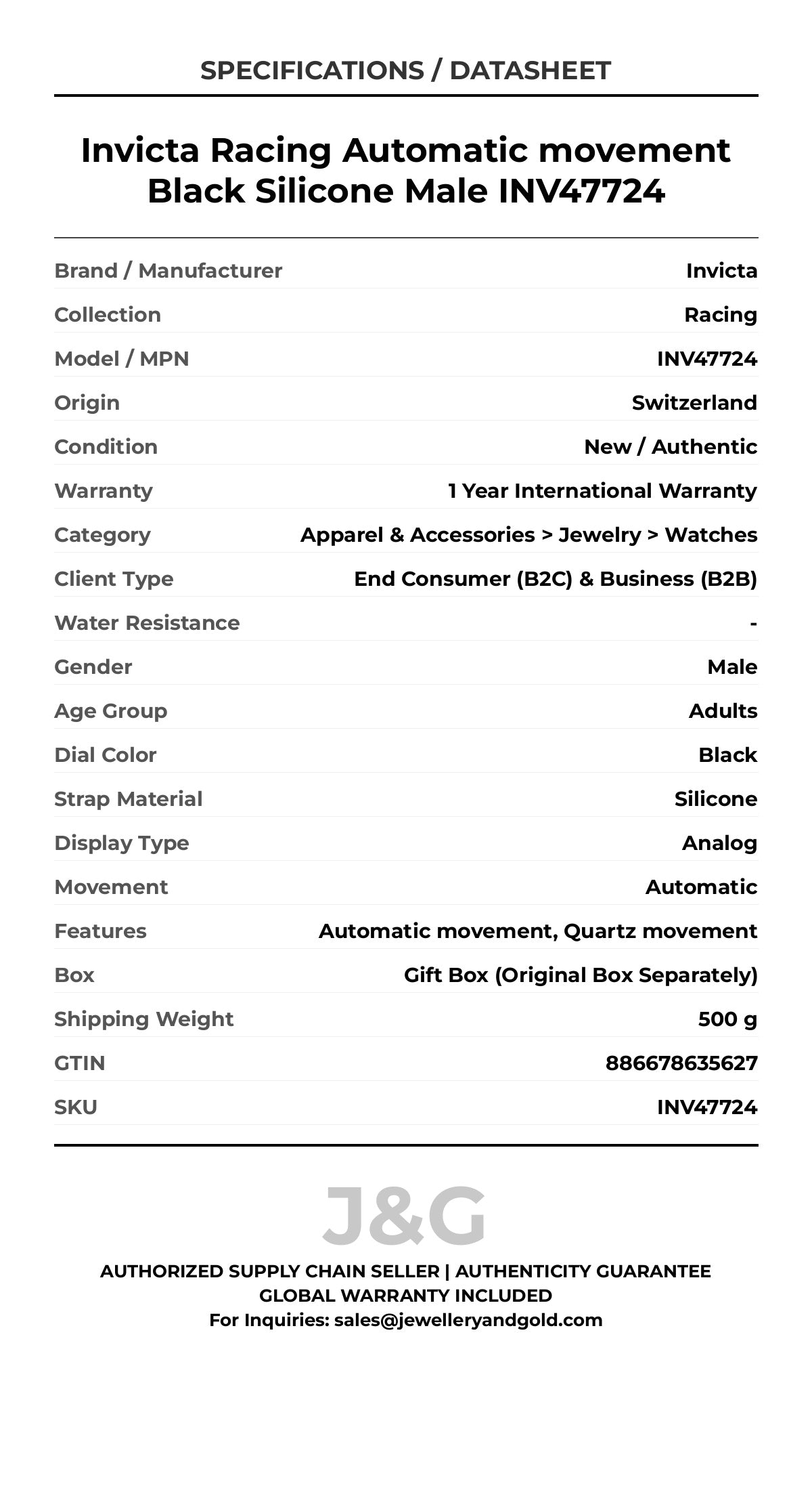 Invicta Racing Automatic movement Black Silicone Male INV47724 - Specifications