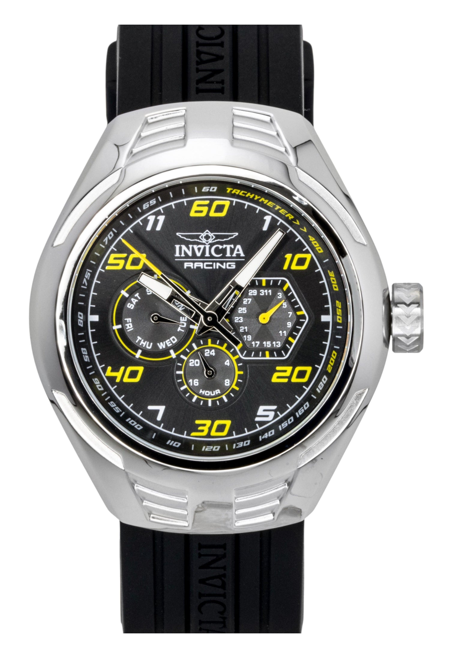 Invicta Racing Automatic movement Black Silicone Male INV47724. A brand-new Invicta Racing watch featuring a Black dial and a Silicone strap. Side view.