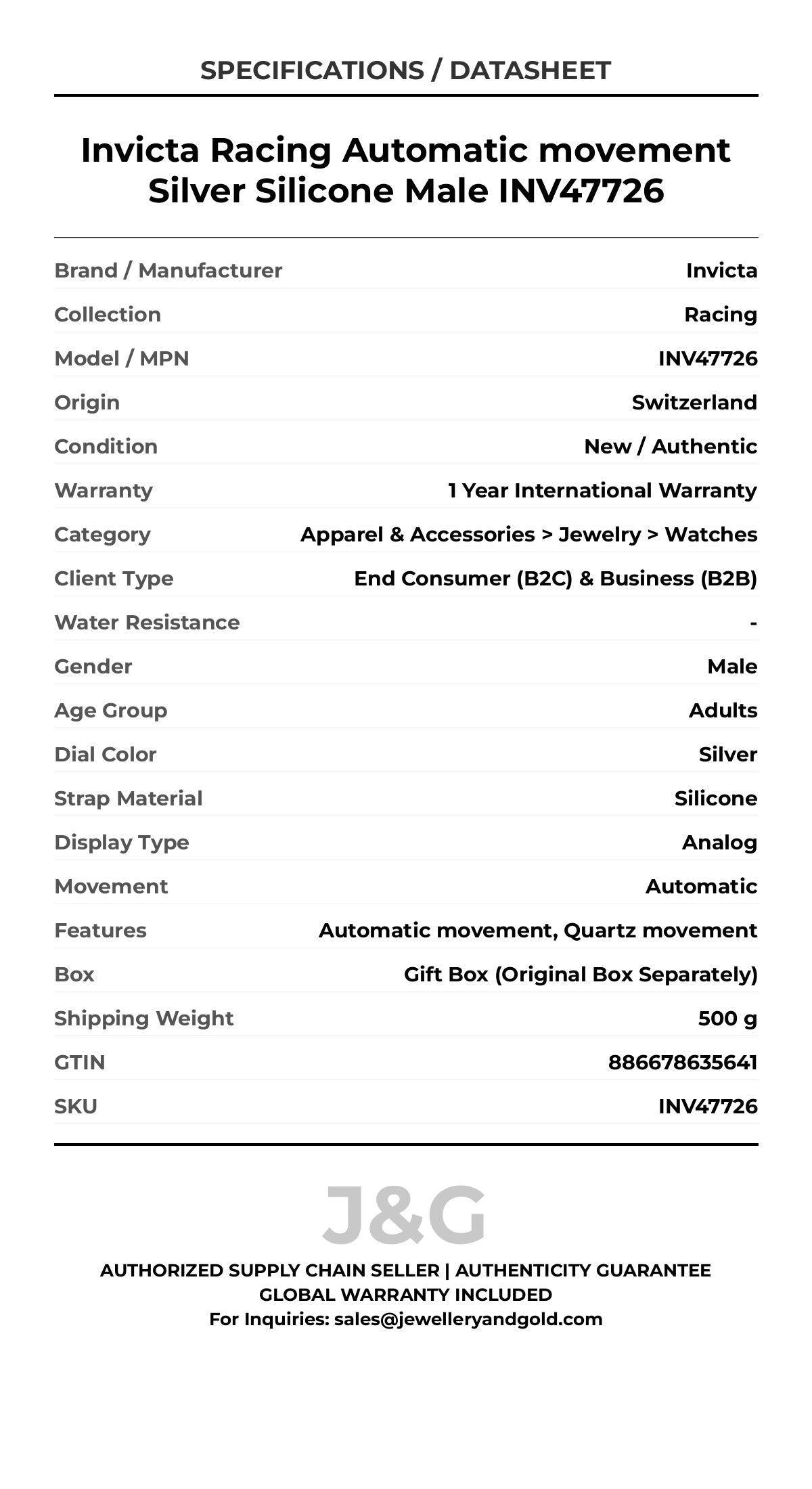 Invicta Racing Automatic movement Silver Silicone Male INV47726 - Specifications