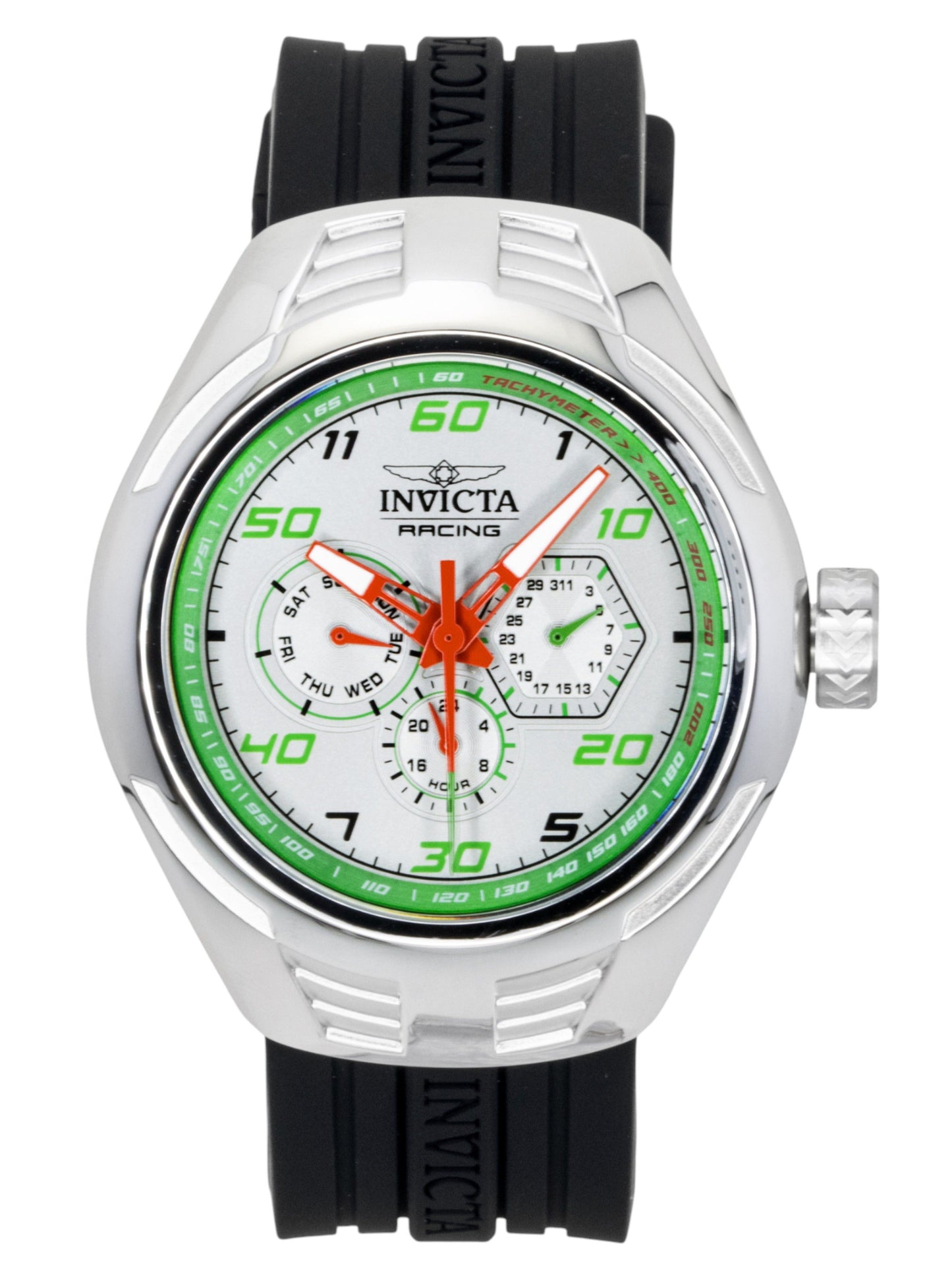 Invicta Racing Automatic movement Silver Silicone Male INV47726. A brand-new Invicta Racing watch featuring a Silver dial and a Silicone strap. Angled view.