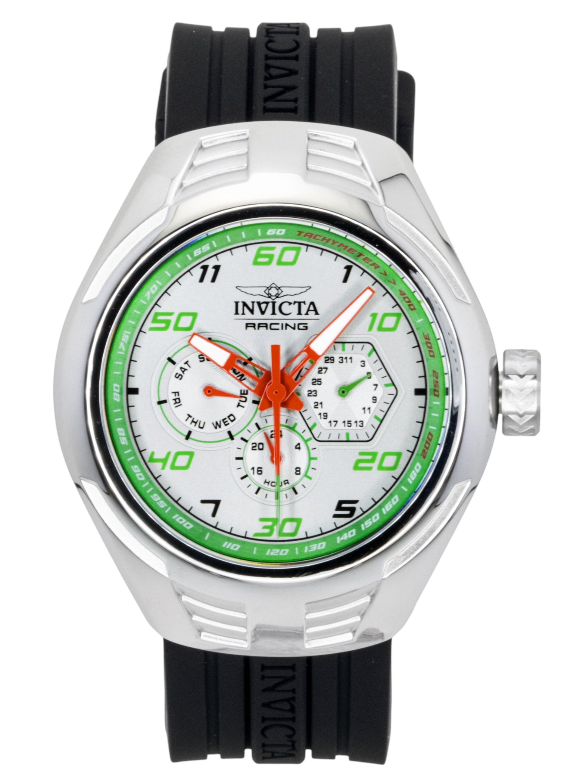 Invicta Racing Automatic movement Silver Silicone Male INV47726. A brand-new Invicta Racing watch featuring a Silver dial and a Silicone strap. Angled view.